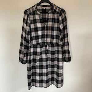 Knox Rose Dress XXL Black Ivory Plaid Flannel Smocked Shoulder Tie Elastic Waist